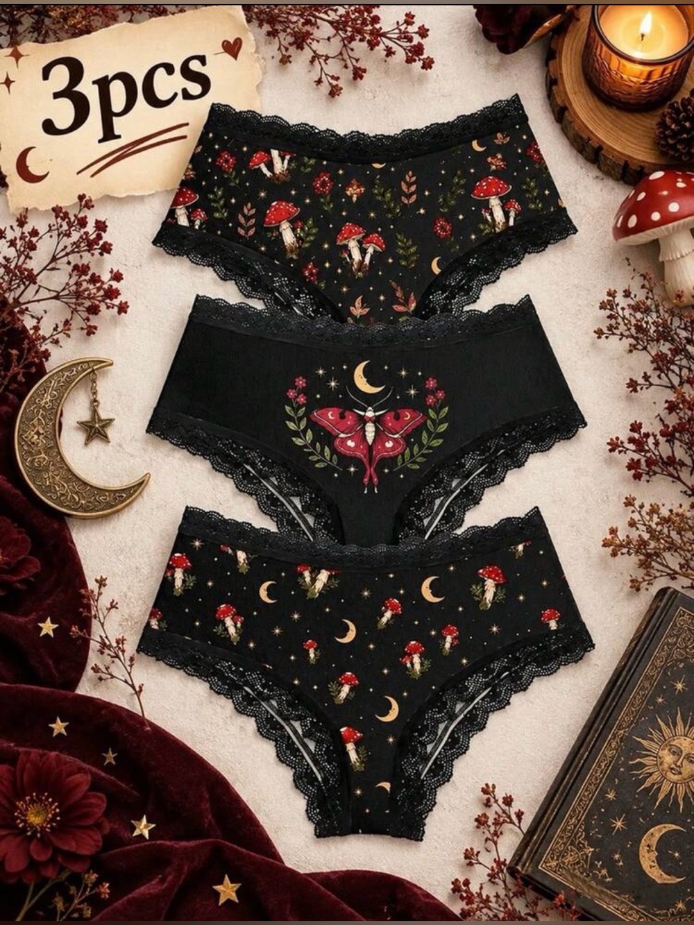 3-Pack Black Woman’s Whimsygoth Floral & Moth Lace Trim Hipster Panties S,M,L